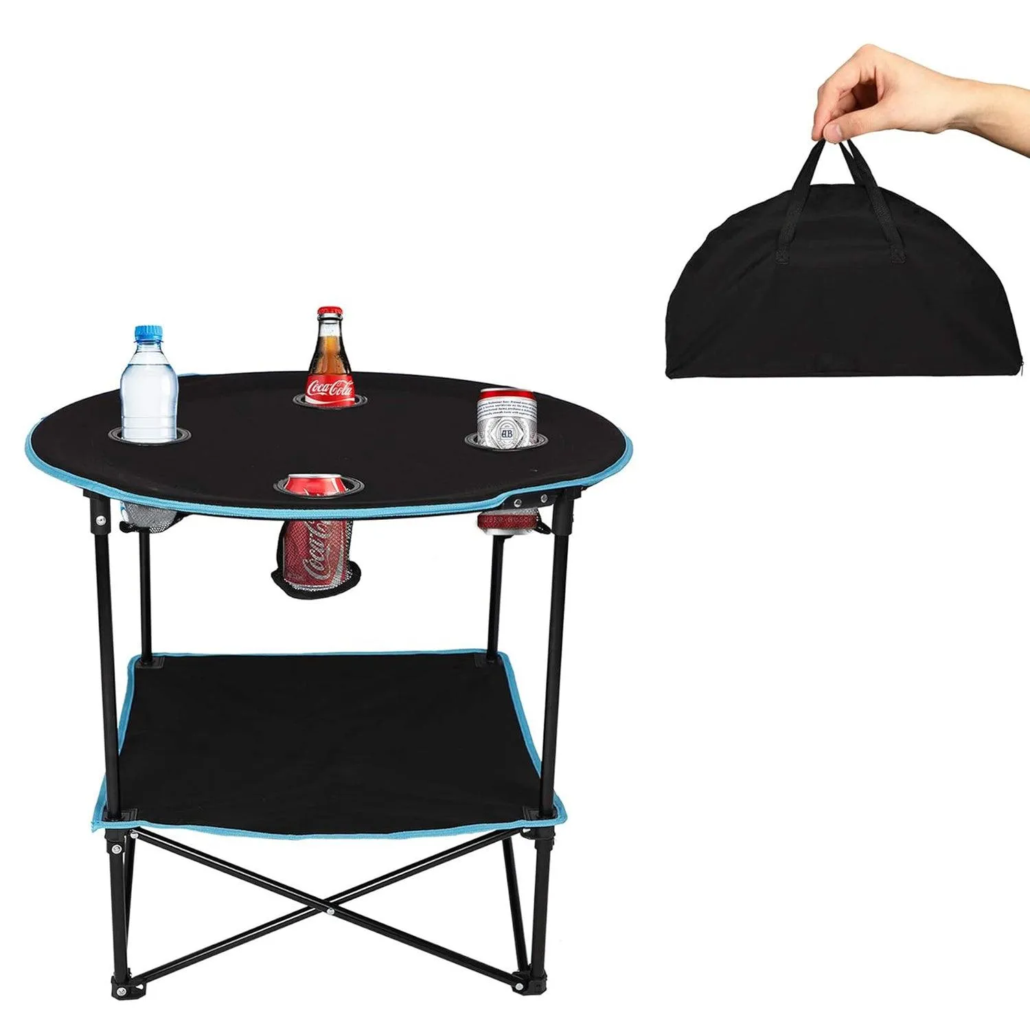 Round Outdoor Table Portable Small Folding Camping Table with Cup Holder and Carry Bag